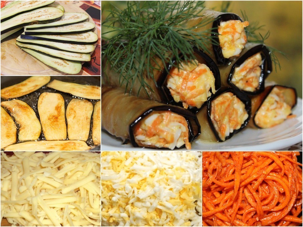 Закусочные рулеты из баклажан с корейской морковью и сыром