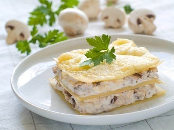 Аппетитная лазанья с курицей и грибами